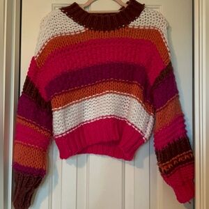Altar'd State Pink and Red Crew Neck Cropped Sweater